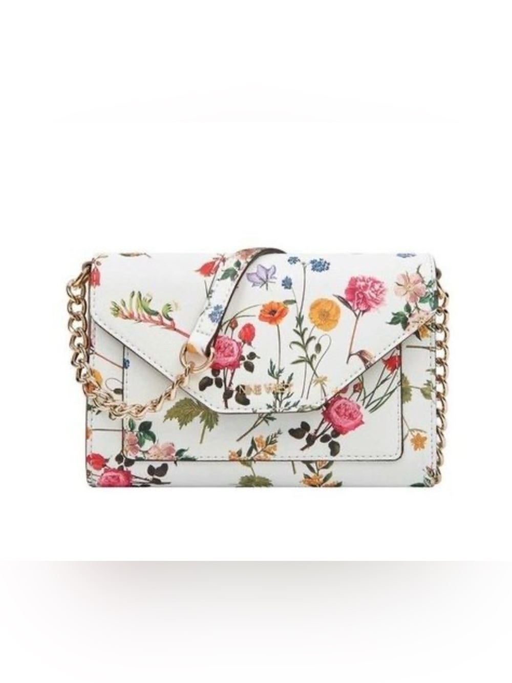 NINE WEST BAG ALEKSEI CROSSBODY WHITE VEGAN GLORAL GOLD CHAIN 7x5 MINI CROSSBODY
